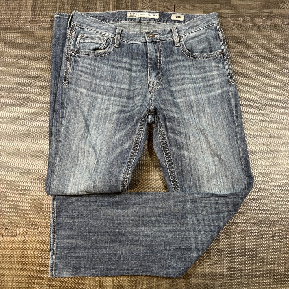 BKE Jeans Mens 34R (34x32) Blue Derek Straight Medium Wash Stretch Whiskers